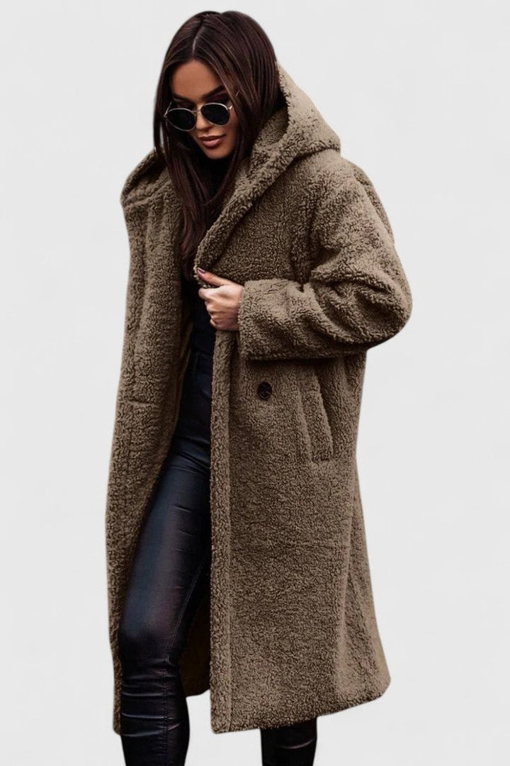 Women's Oversized Teddy Faux Fur Long Winter Jacket - Khaki