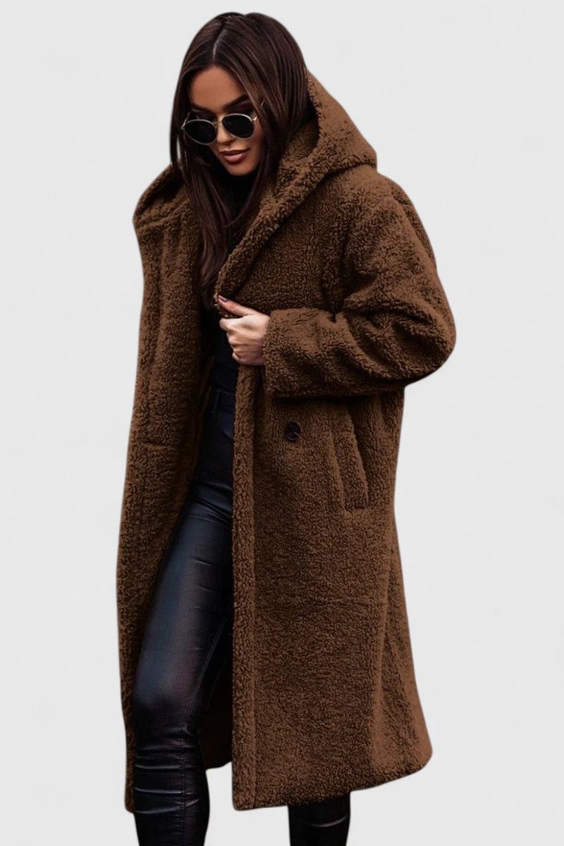 Women's Oversized Teddy Faux Fur Long Winter Jacket - Brown