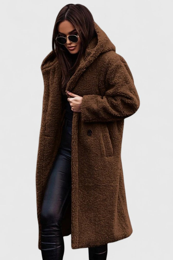 Women's Oversized Teddy Faux Fur Long Winter Jacket - Brown