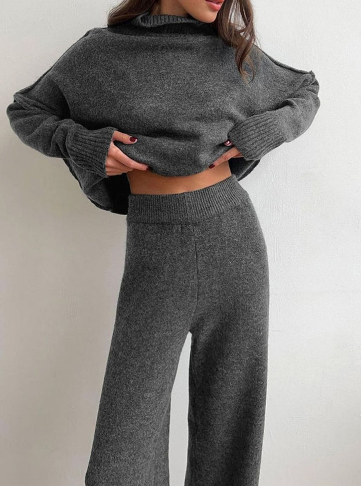 Women's Oversized Turtleneck Knit Wide-Leg Lounge Set - Gray