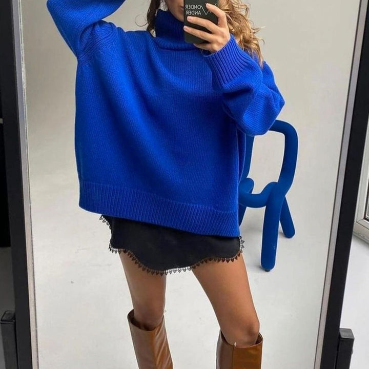 Women's Oversized Turtleneck Long-Sleeve Knit Sweater - Blue