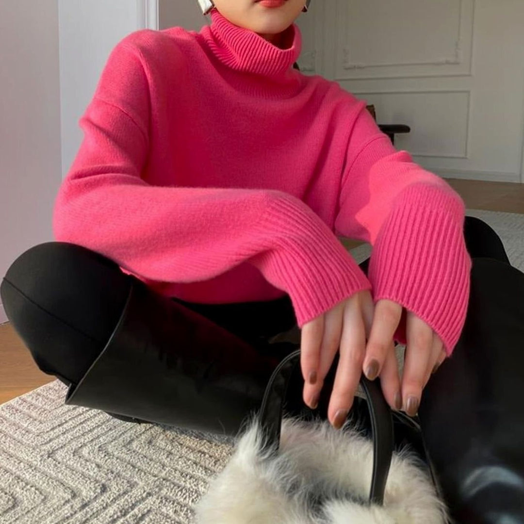 Women's Oversized Turtleneck Long-Sleeve Knit Sweater - Pink
