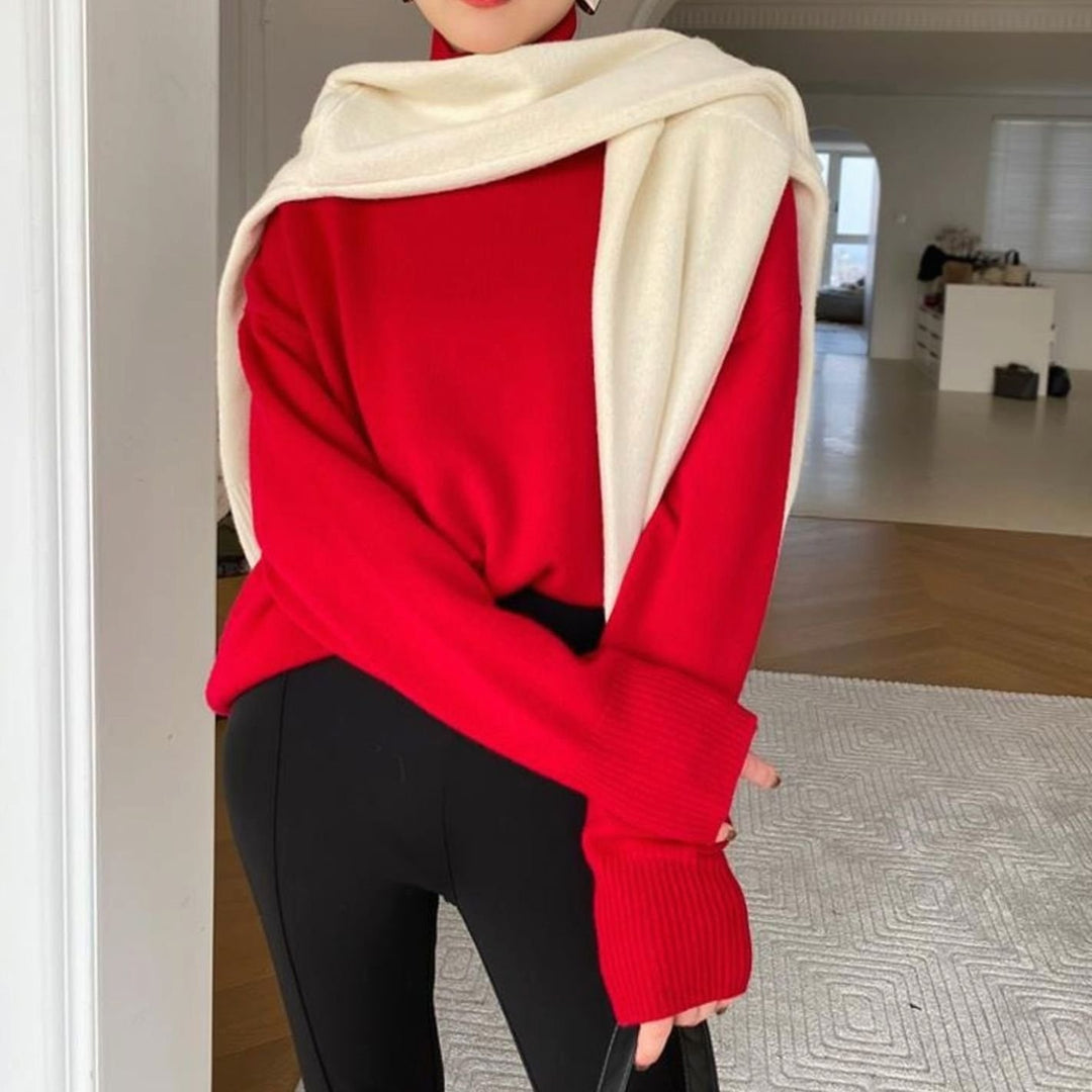 Women's Oversized Turtleneck Long-Sleeve Knit Sweater - Red