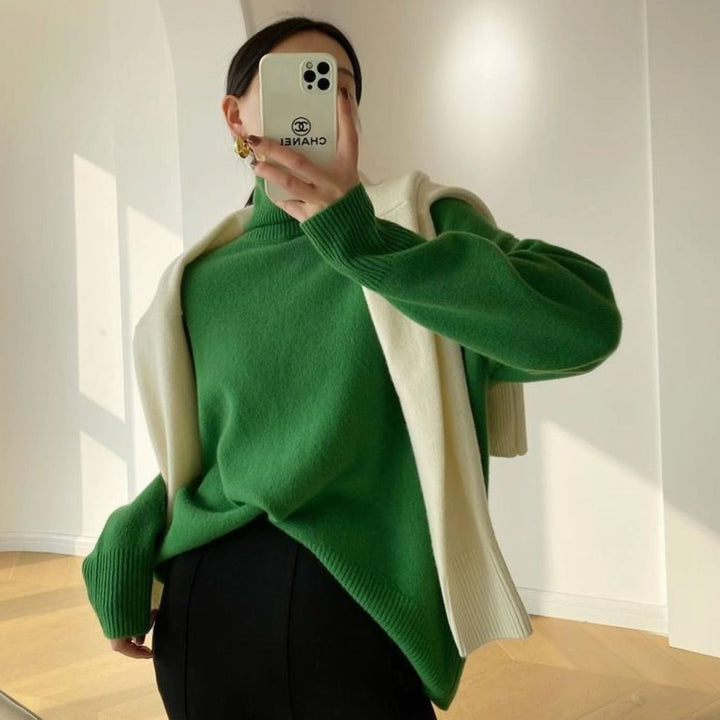 Women's Oversized Turtleneck Long-Sleeve Knit Sweater - Green