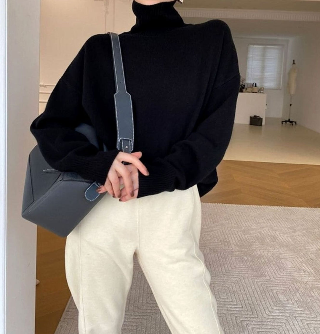 Women's Oversized Turtleneck Long-Sleeve Knit Sweater - Black
