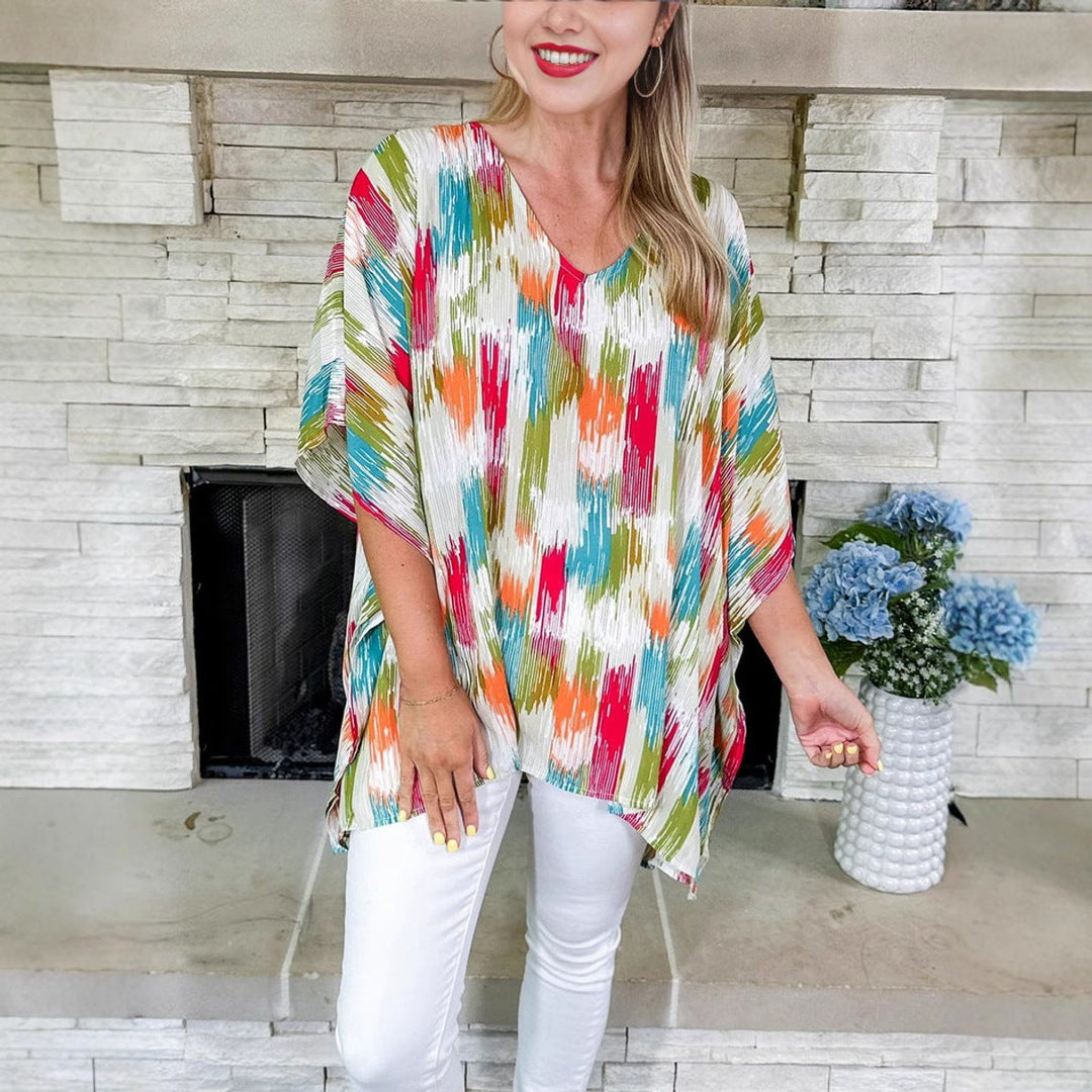 Women's Oversized V-Neck Abstract Print Relaxed Tunic Top