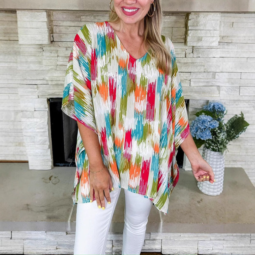 Women's Oversized V-Neck Abstract Print Relaxed Tunic Top