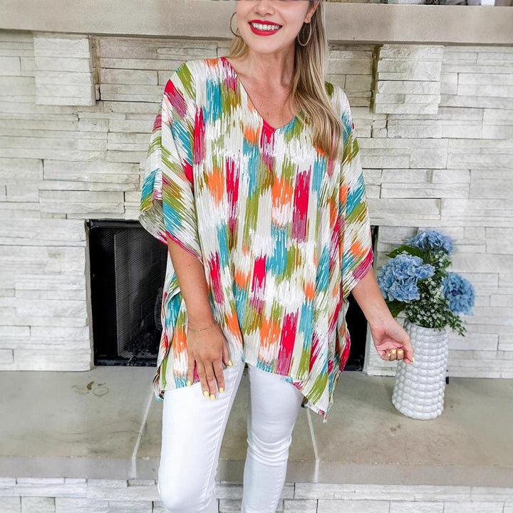 Women's Oversized V-Neck Abstract Print Relaxed Tunic Top