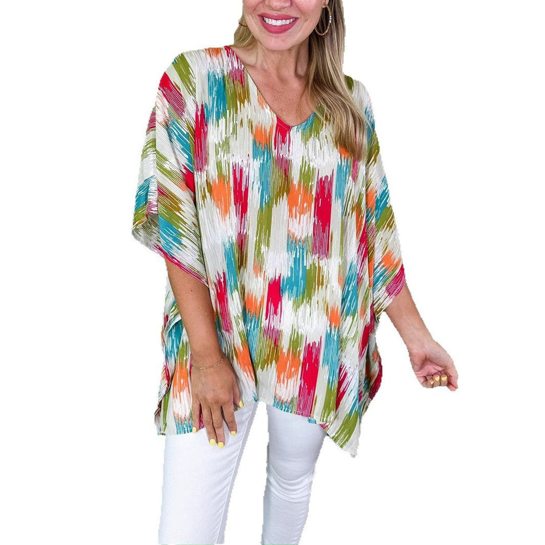 Women's Oversized V-Neck Abstract Print Relaxed Tunic Top