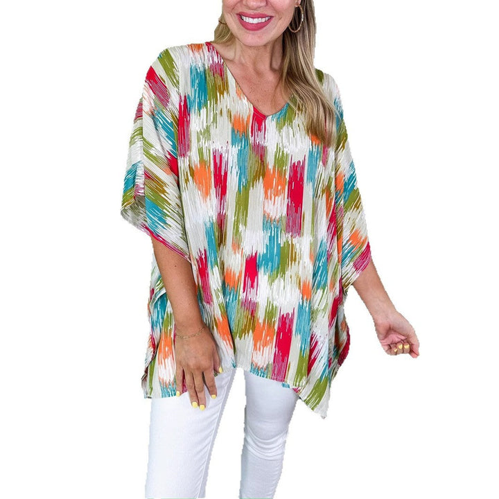 Women's Oversized V-Neck Abstract Print Relaxed Tunic Top