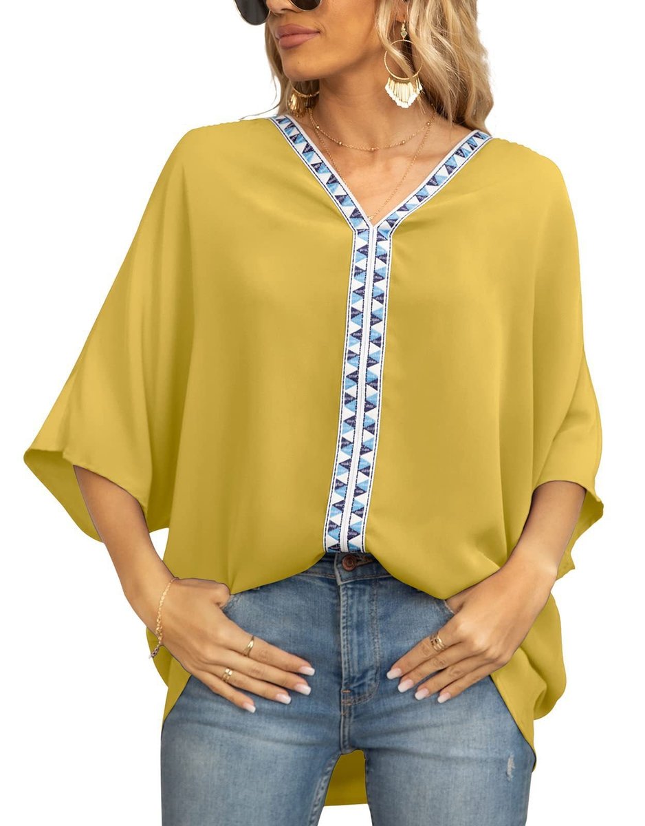 Women's Oversized V-Neck Geometric Trim Relaxed Tunic Top - Blume