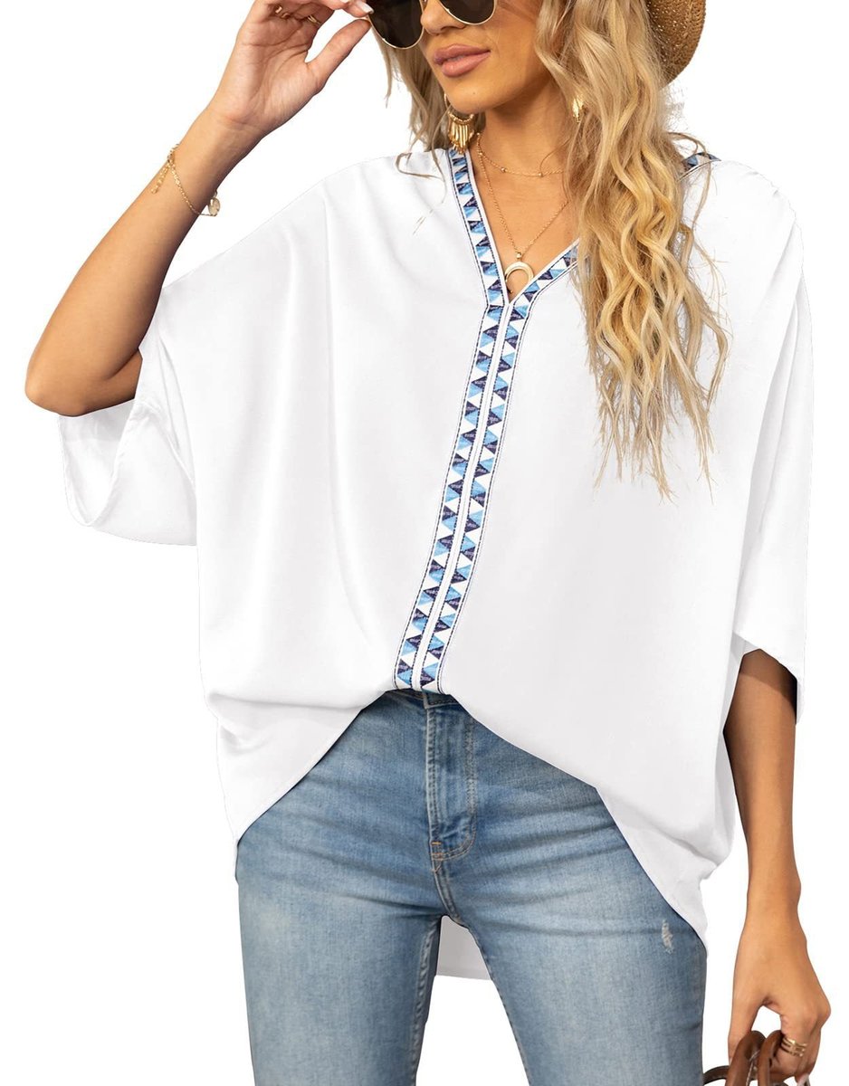 Women's Oversized V-Neck Geometric Trim Relaxed Tunic Top - Weiß