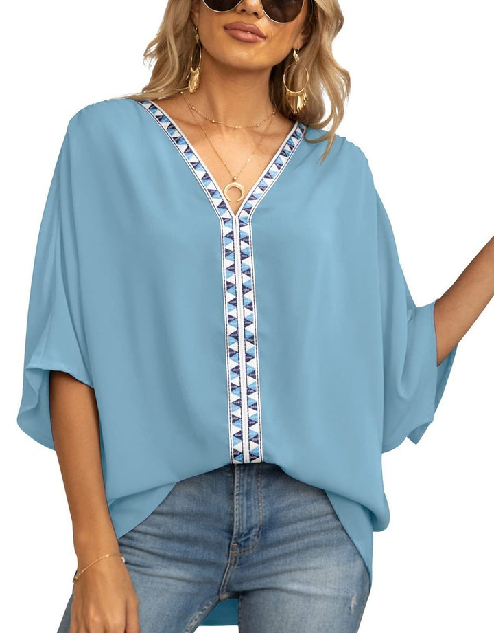 Women's Oversized V-Neck Geometric Trim Relaxed Tunic Top - Dunkelblau
