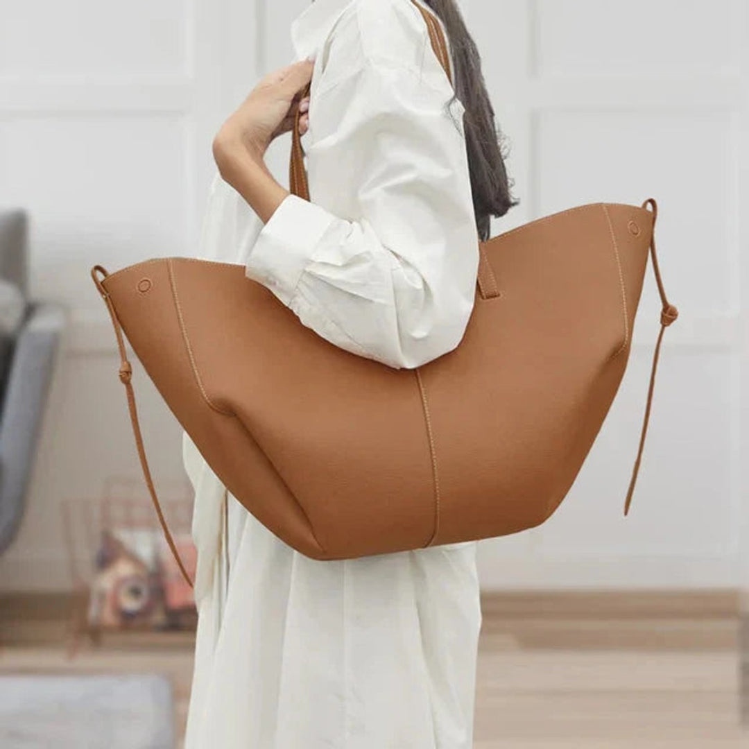 Women's Oversized Vintage PU Leather Shoulder Tote Bag - Kamel