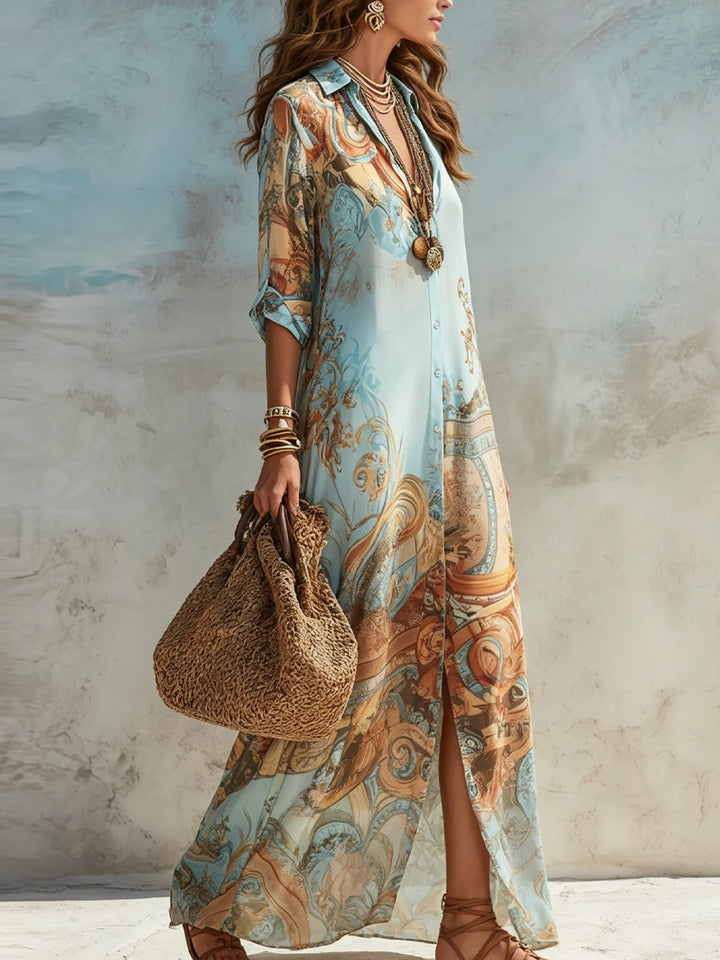 Women's Paisley Print Button-Down Maxi Shirt Dress
