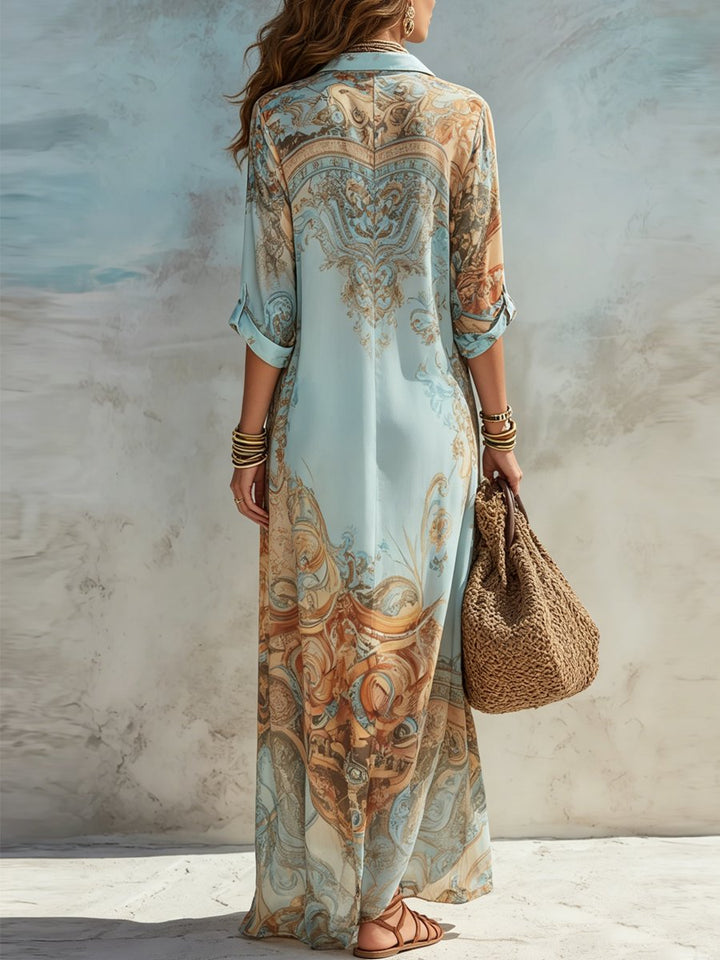 Women's Paisley Print Button-Down Maxi Shirt Dress