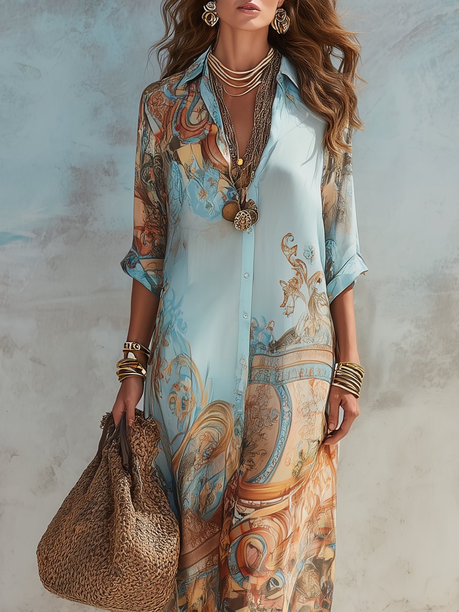 Women's Paisley Print Button-Down Maxi Shirt Dress