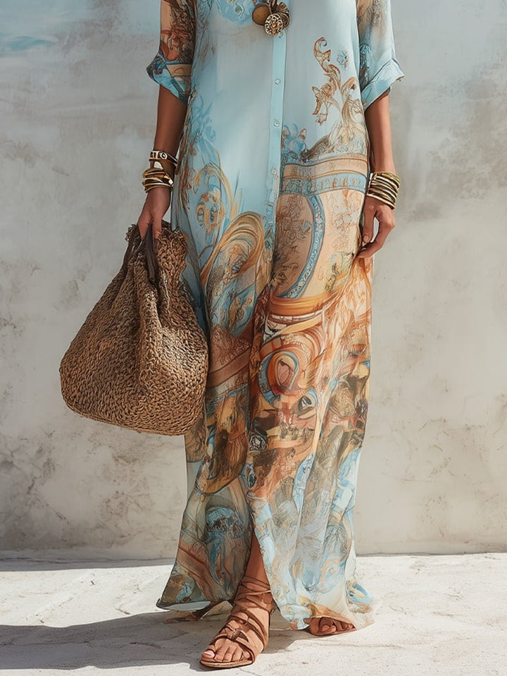Women's Paisley Print Button-Down Maxi Shirt Dress