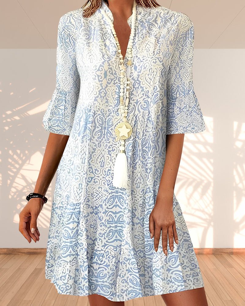 Women's Paisley-Print V-Neck Bell-Sleeve Relaxed Midi Dress - Blue