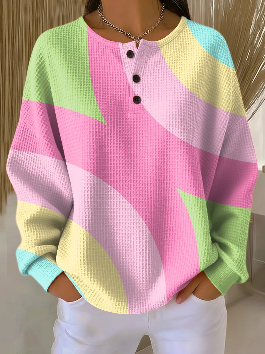 Women's Pastel Geometric Waffle-Knit Henley Pullover Sweater - Pink