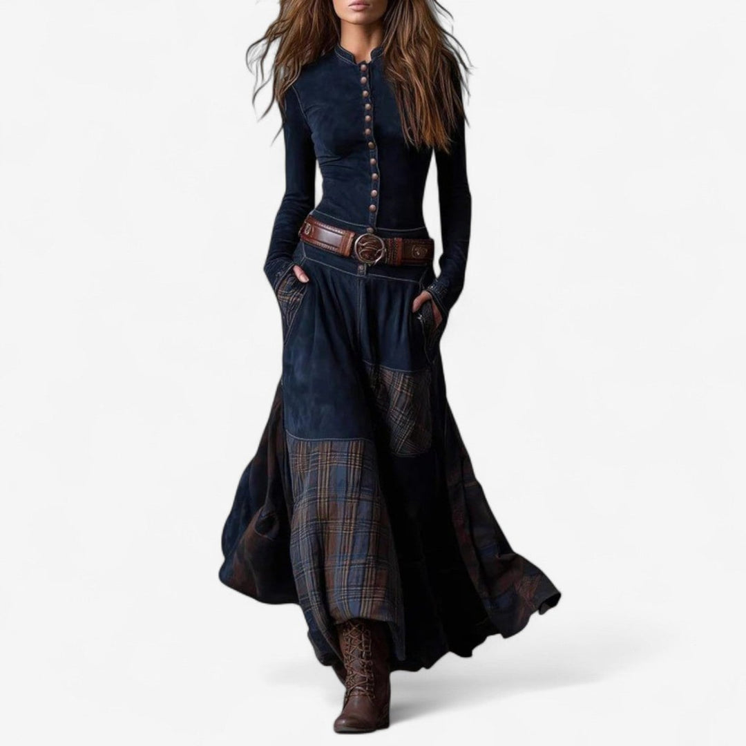 Women's Patchwork Plaid Button-Up Long Sleeve Maxi Dress - Royal Blue