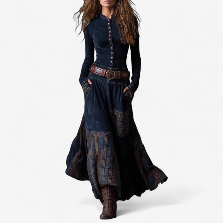 Women's Patchwork Plaid Button-Up Long Sleeve Maxi Dress - Royal Blue