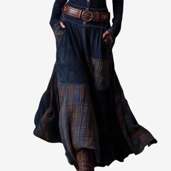 Women's Patchwork Plaid Button-Up Long Sleeve Maxi Dress