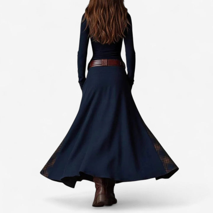 Women's Patchwork Plaid Button-Up Long Sleeve Maxi Dress