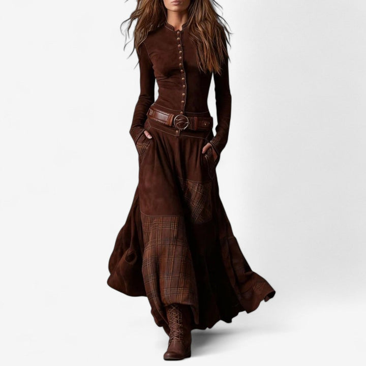 Women's Patchwork Plaid Button-Up Long Sleeve Maxi Dress - Red