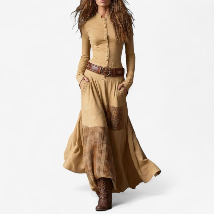 Women's Patchwork Plaid Button-Up Long Sleeve Maxi Dress - Apricot
