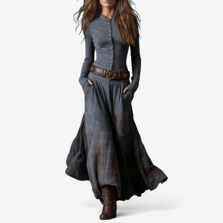 Women's Patchwork Plaid Button-Up Long Sleeve Maxi Dress - Gray