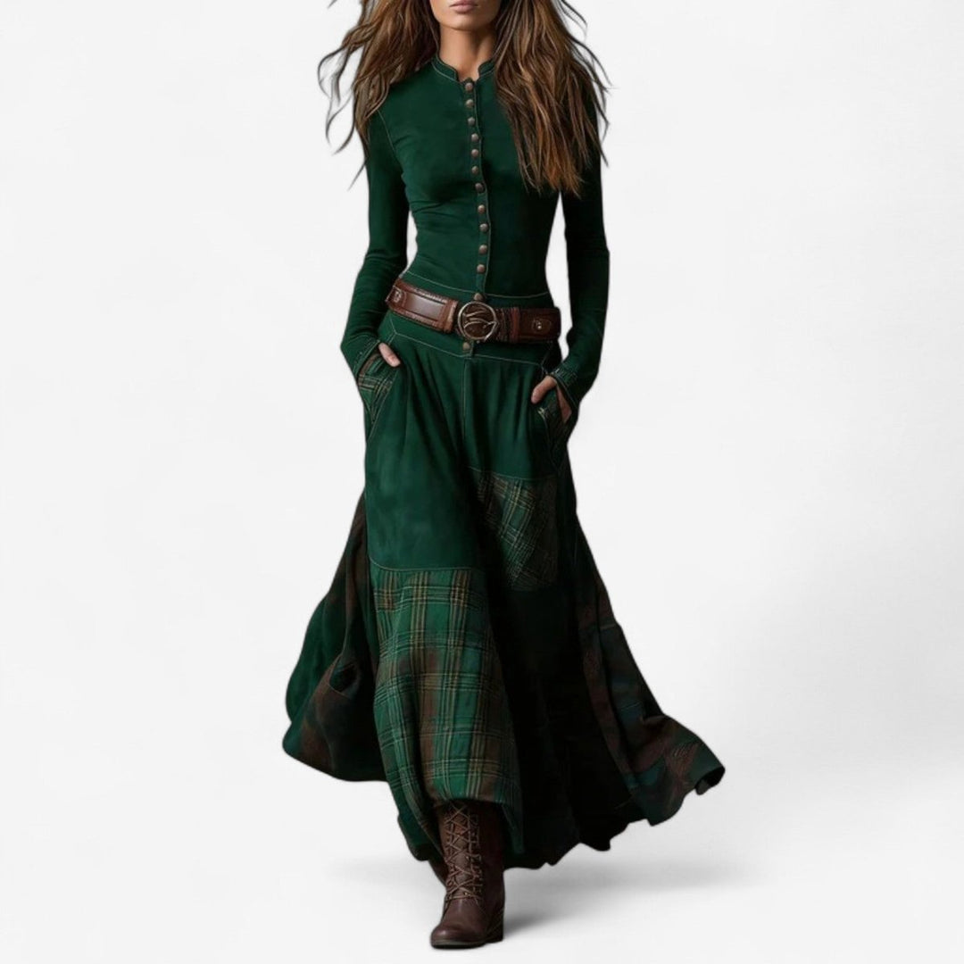 Women's Patchwork Plaid Button-Up Long Sleeve Maxi Dress - Green
