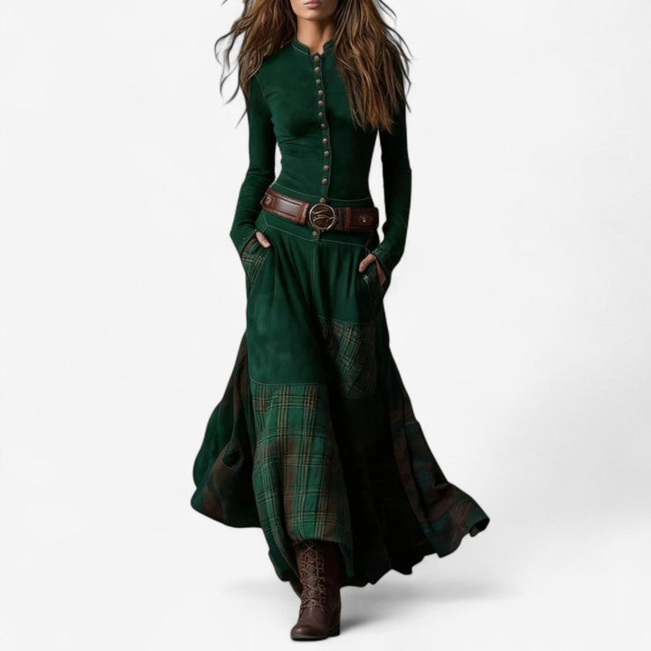 Women's Patchwork Plaid Button-Up Long Sleeve Maxi Dress - Green