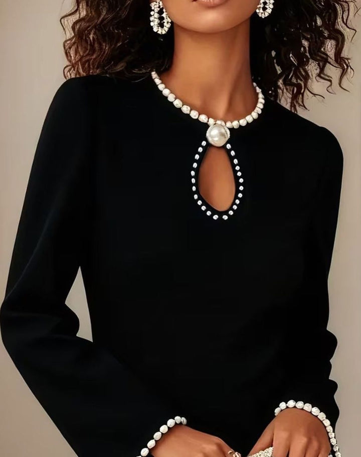 Women's Pearl-Trim Long Sleeve Keyhole Mini Dress