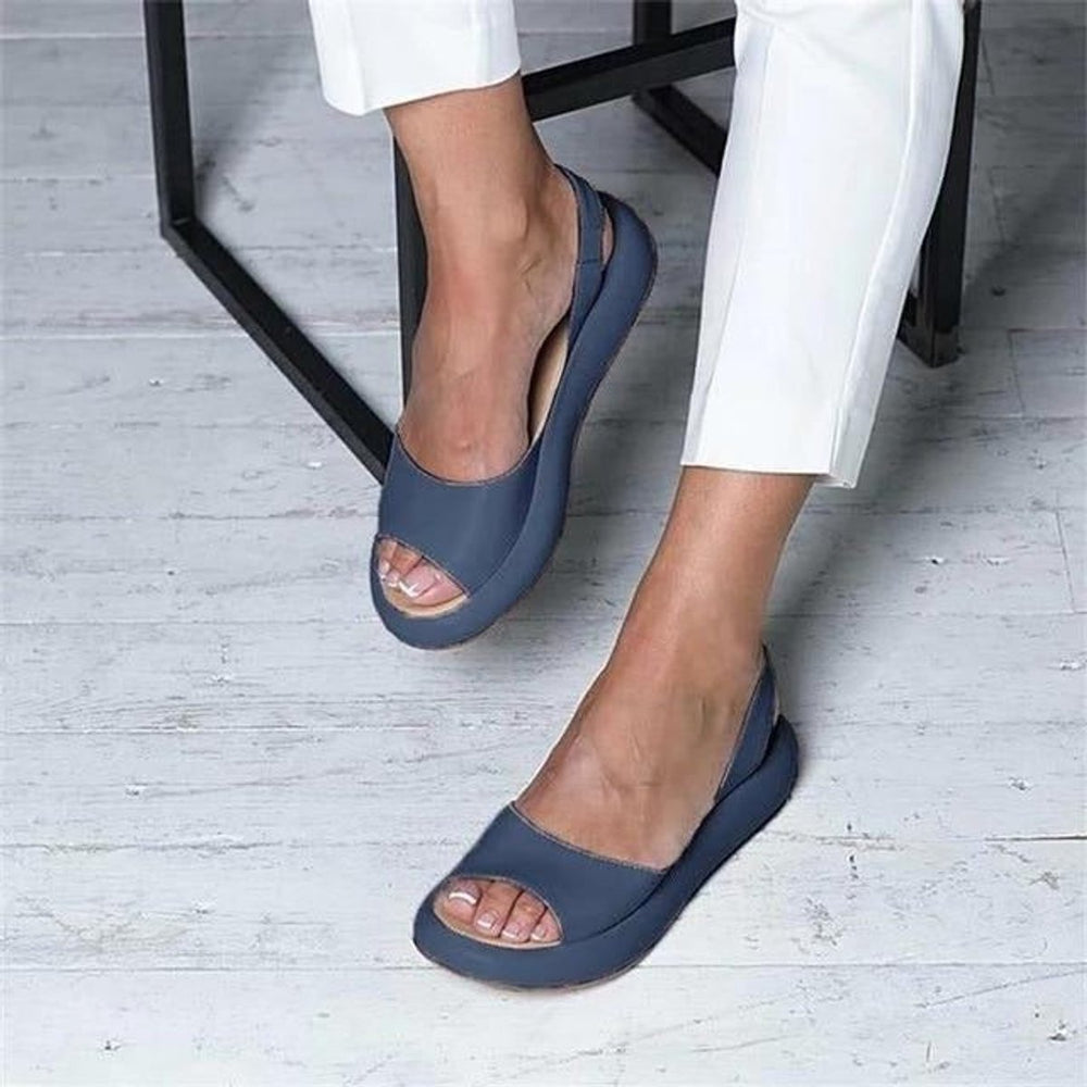 Women's Peep Toe Cushioned Flat Slingback Comfortable Sandals - Blue