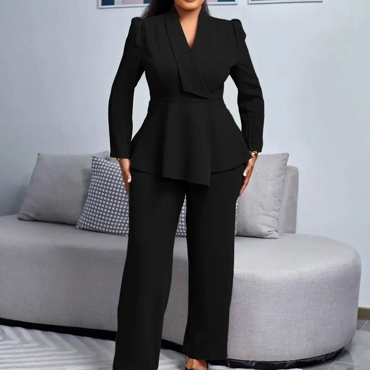 Women's Peplum Blazer Wide-Leg Pants Suit Set - Black