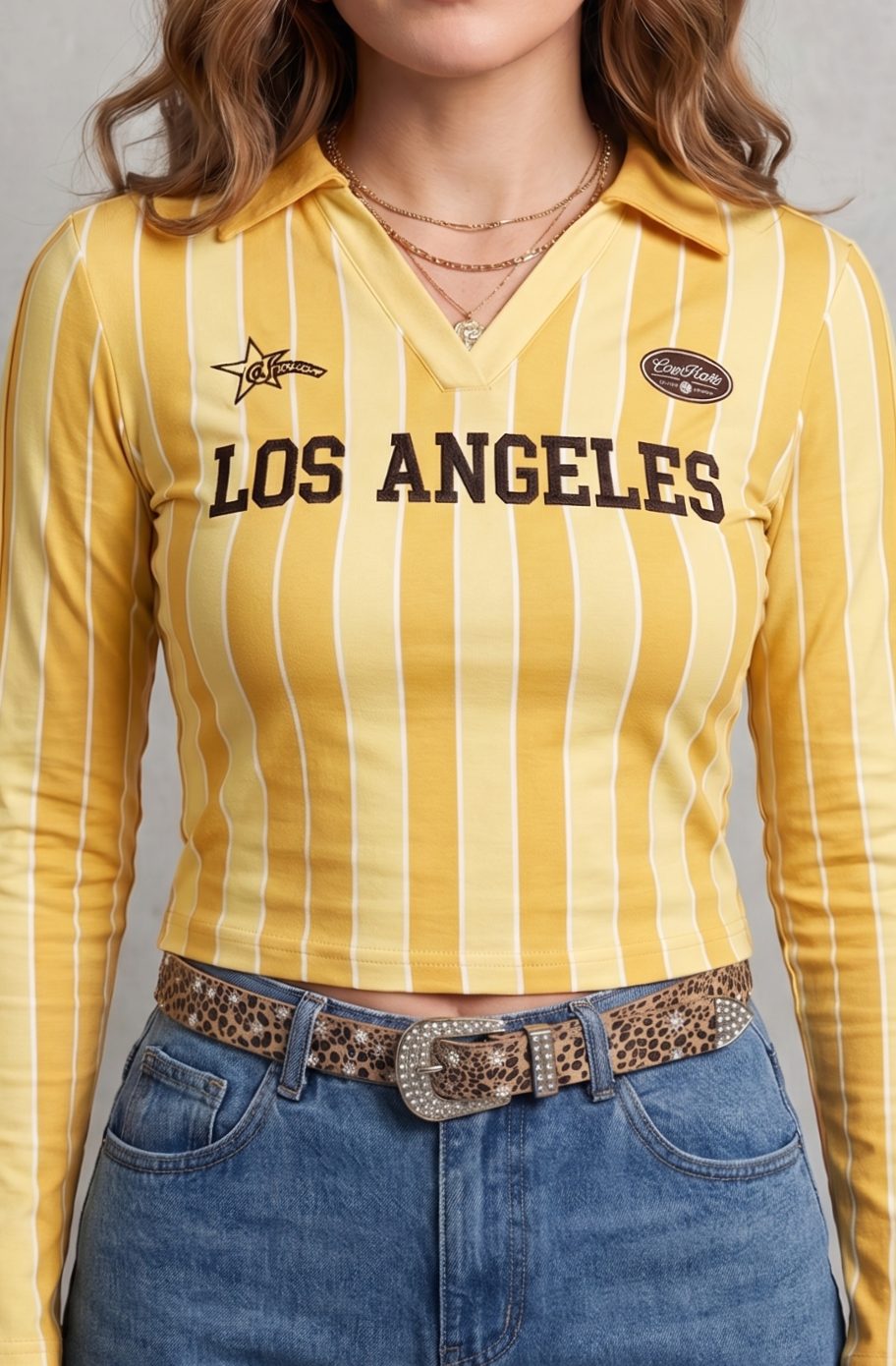 Women's Pinstripe Graphic Collared Cropped Long-Sleeve Top - Yellow