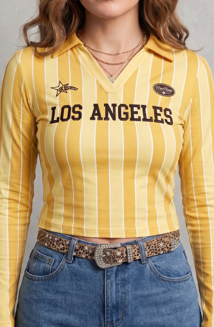 Women's Pinstripe Graphic Collared Cropped Long-Sleeve Top - Yellow