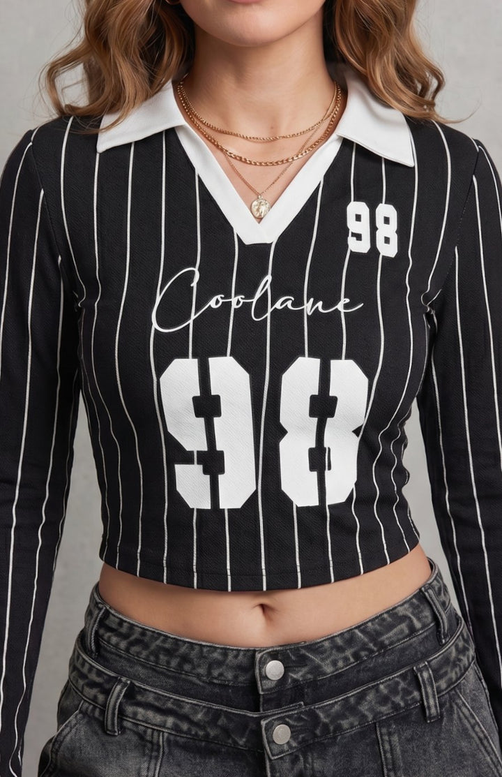 Women's Pinstripe Graphic Collared Cropped Long-Sleeve Top - Black & White