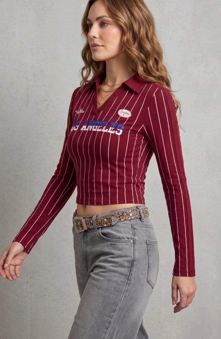 Women's Pinstripe Graphic Collared Cropped Long-Sleeve Top