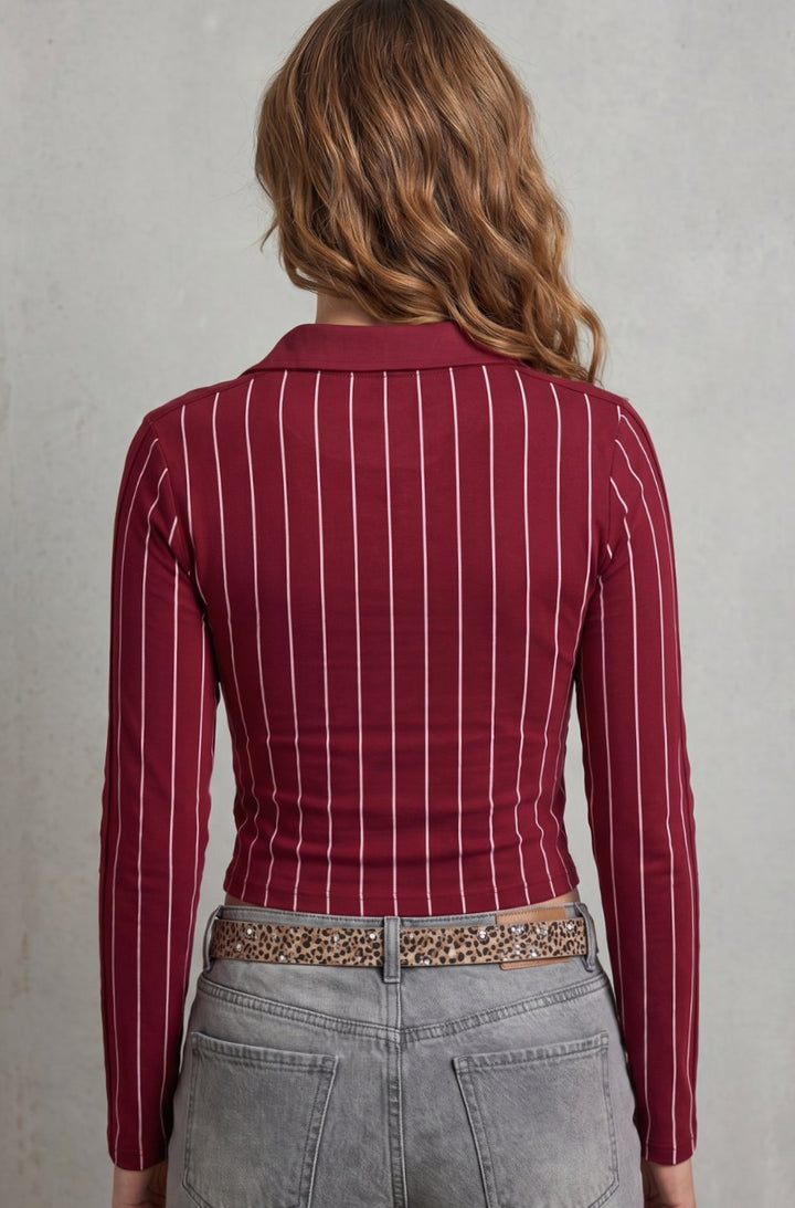 Women's Pinstripe Graphic Collared Cropped Long-Sleeve Top