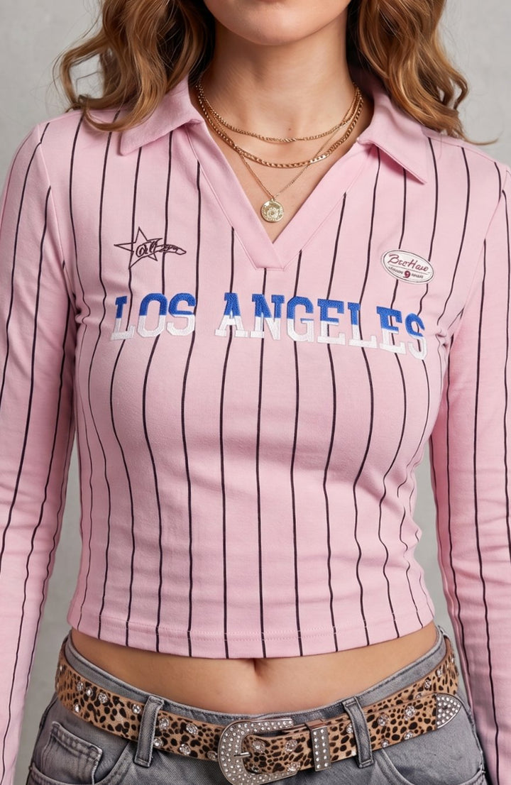 Women's Pinstripe Graphic Collared Cropped Long-Sleeve Top - Pink