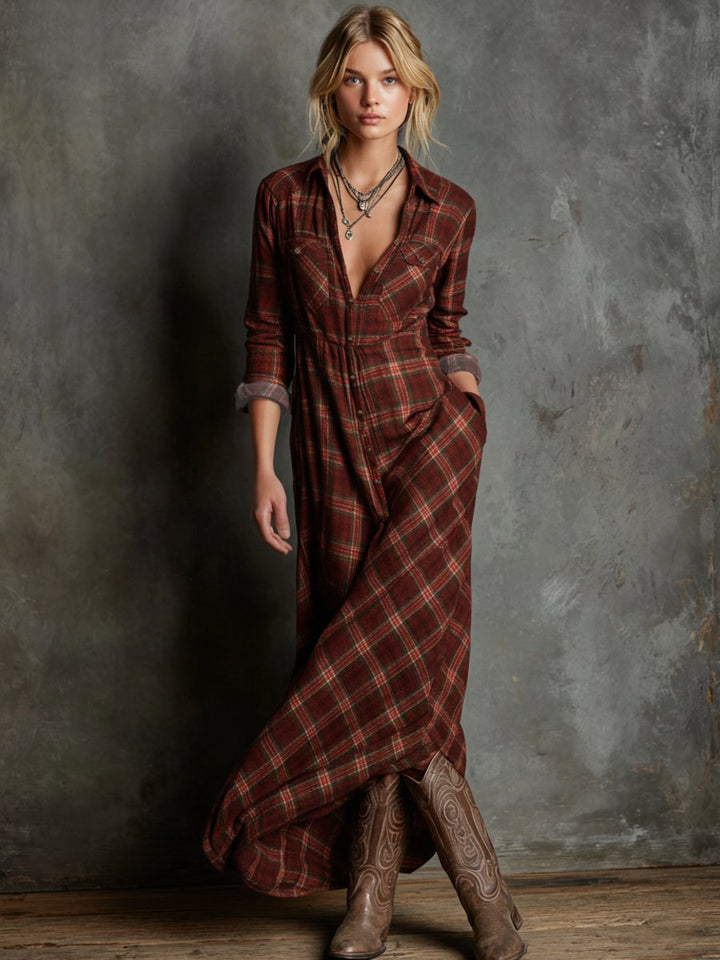 Women's Plaid Flannel Long-Sleeve Maxi Shirt Formal Dresses - Red