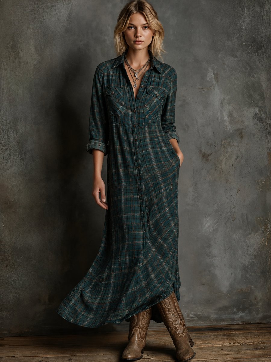Women's Plaid Flannel Long-Sleeve Maxi Shirt Formal Dresses - Green