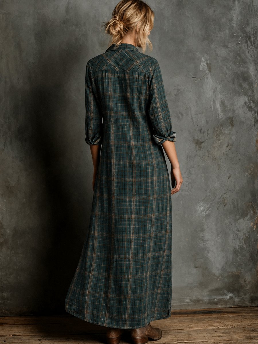 Women's Plaid Flannel Long-Sleeve Maxi Shirt Formal Dresses