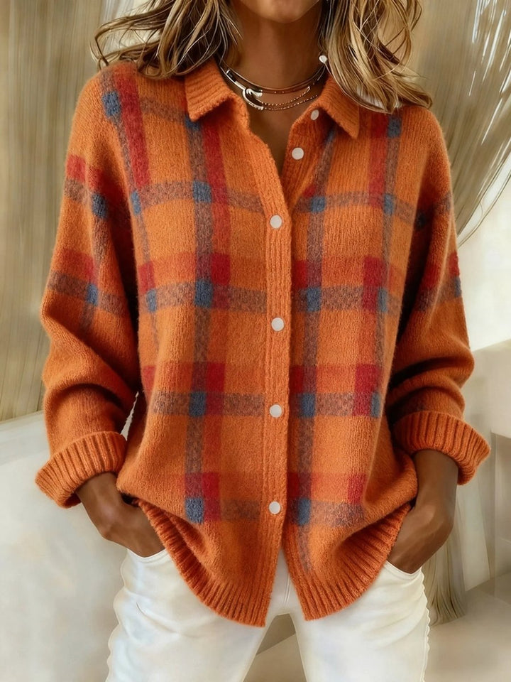Women's Plaid Knit Button-Up Oversized Shacket Jacket - Orange