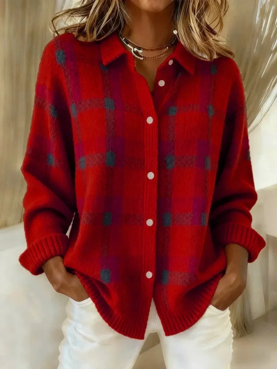 Women's Plaid Knit Button-Up Oversized Shacket Jacket - Red