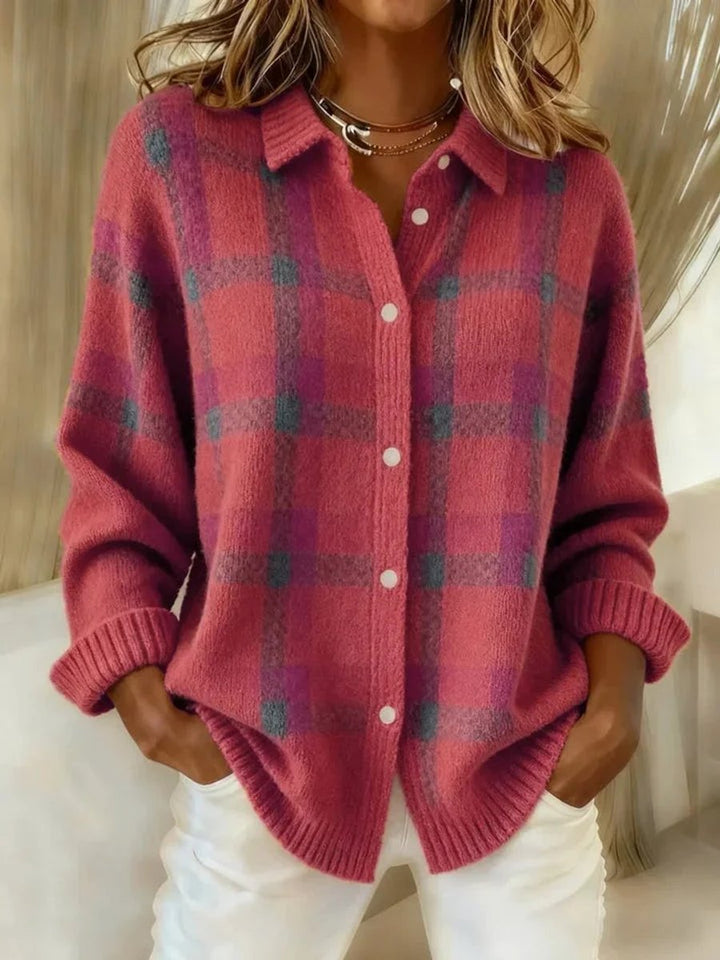 Women's Plaid Knit Button-Up Oversized Shacket Jacket - Pink