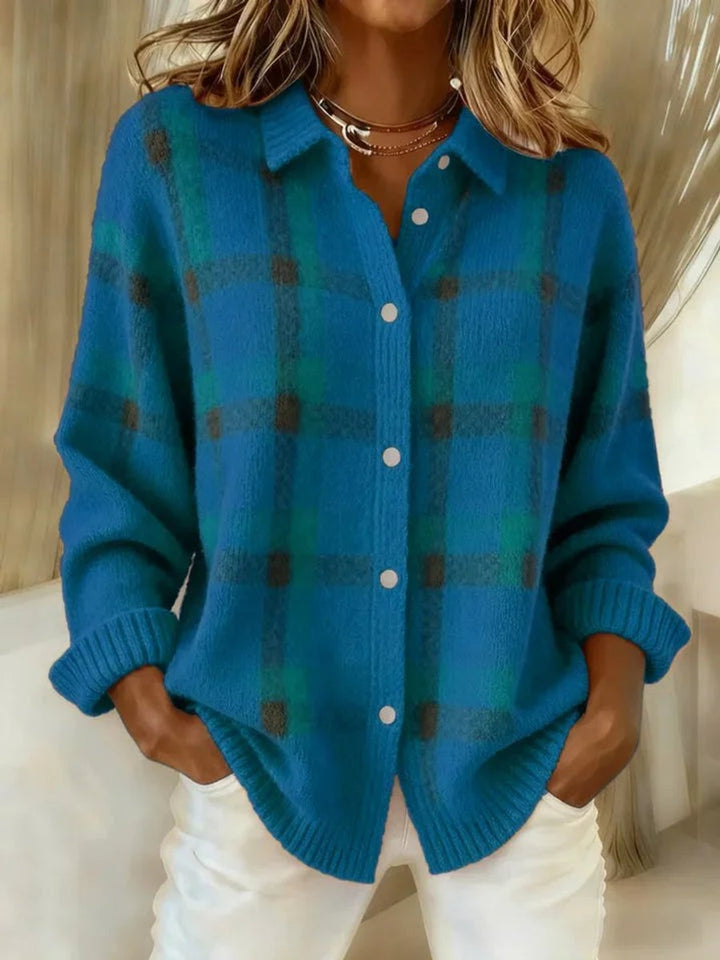 Women's Plaid Knit Button-Up Oversized Shacket Jacket - Blue