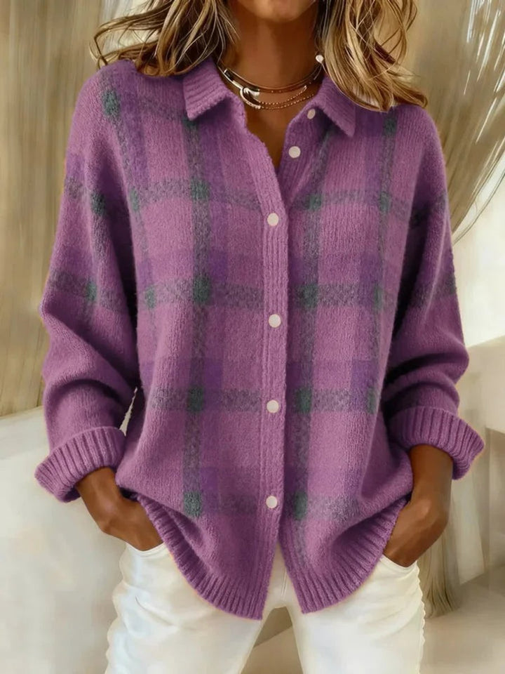 Women's Plaid Knit Button-Up Oversized Shacket Jacket - Purple